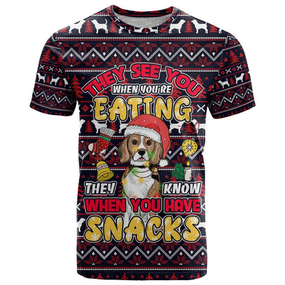 Beagle Dog They Know When You Have Snacks Christmas T-Shirt Xmas Holiday Patterns Graphic Tee