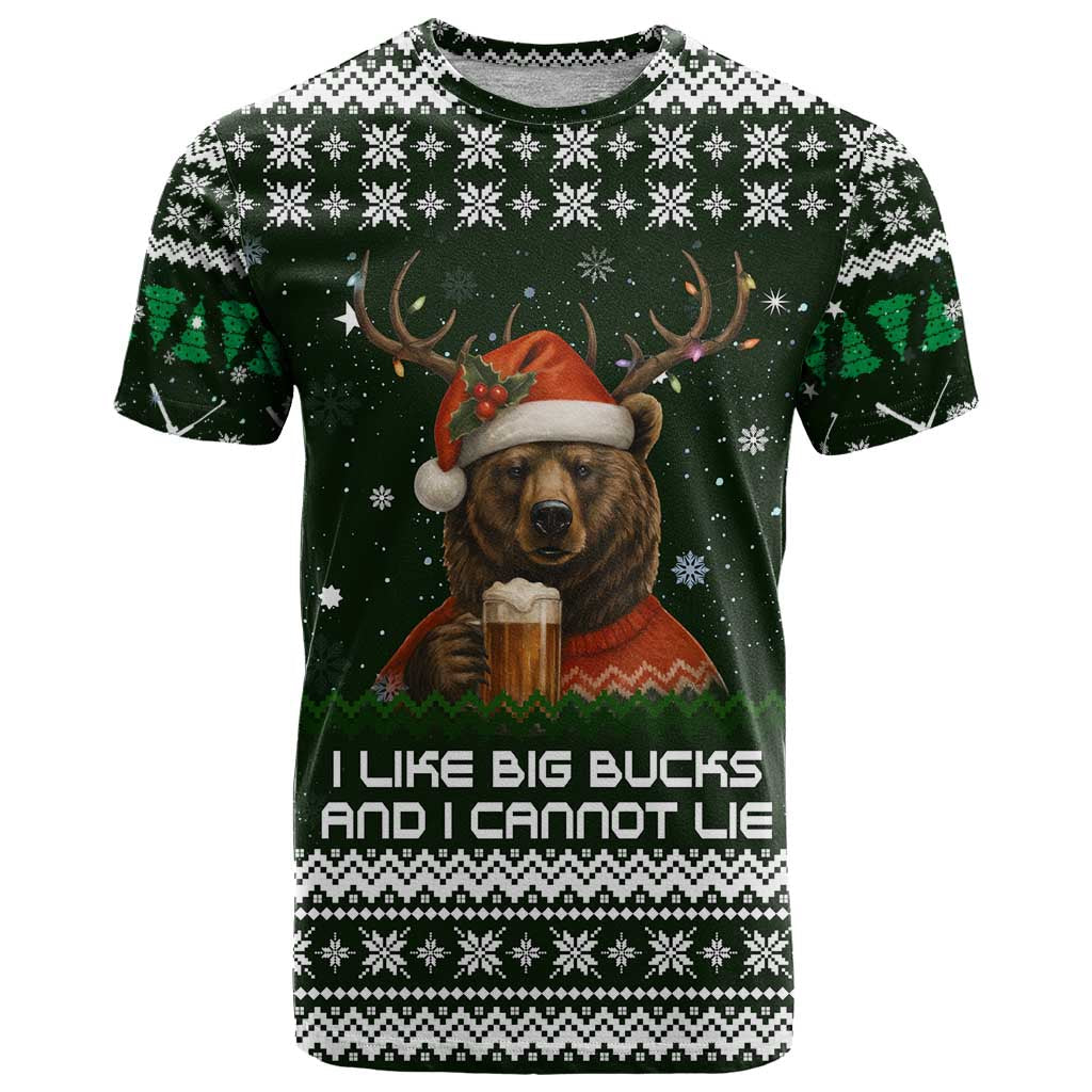 Bear Hunting and Beer Christmas T-Shirt Xmas Holiday Patterns Graphic Tee