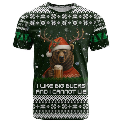 Bear Hunting and Beer Christmas T-Shirt Xmas Holiday Patterns Graphic Tee