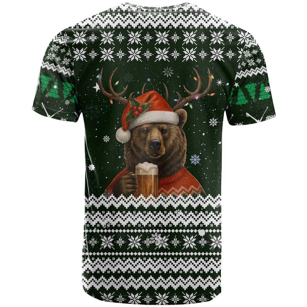 Bear Hunting and Beer Christmas T-Shirt Xmas Holiday Patterns Graphic Tee