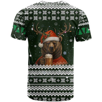 Bear Hunting and Beer Christmas T-Shirt Xmas Holiday Patterns Graphic Tee
