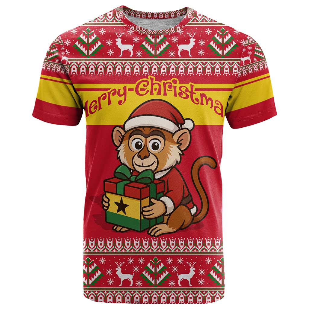 Ghana Christmas T-Shirt with Monkey Holding Gift Ghana Map and Festive Graphic Tee