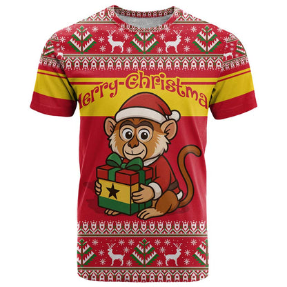 Ghana Christmas T-Shirt with Monkey Holding Gift Ghana Map and Festive Graphic Tee