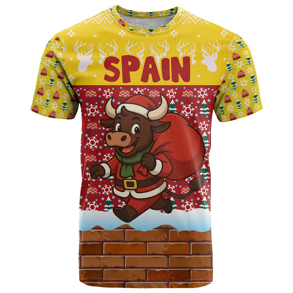 Spain Christmas T-Shirt with Santa Bull Brick Chimney Wreath and Festive Holiday Graphic Tee