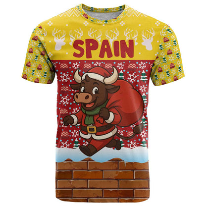 Spain Christmas T-Shirt with Santa Bull Brick Chimney Wreath and Festive Holiday Graphic Tee