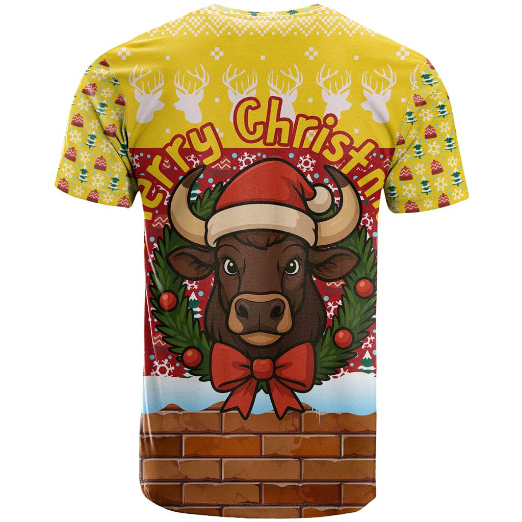Spain Christmas T-Shirt with Santa Bull Brick Chimney Wreath and Festive Holiday Graphic Tee