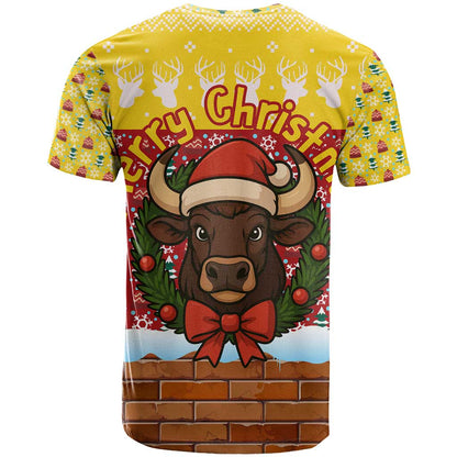 Spain Christmas T-Shirt with Santa Bull Brick Chimney Wreath and Festive Holiday Graphic Tee