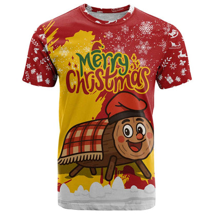 Spain Christmas T-Shirt with Tio de Nadal Log Snowflakes Spanish Flag and Holiday Wreath Graphic Tee