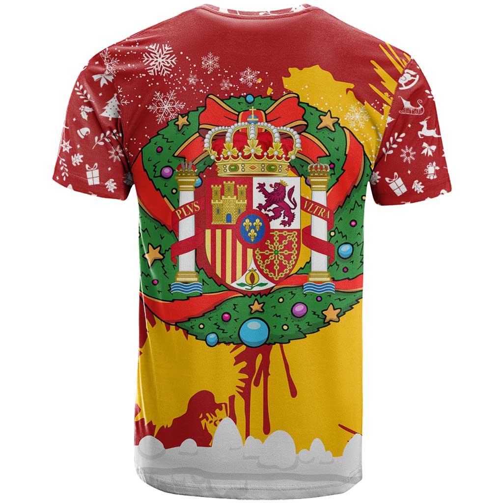 Spain Christmas T-Shirt with Tio de Nadal Log Snowflakes Spanish Flag and Holiday Wreath Graphic Tee