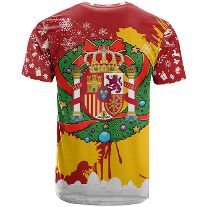 Spain Christmas T-Shirt with Tio de Nadal Log Snowflakes Spanish Flag and Holiday Wreath Graphic Tee