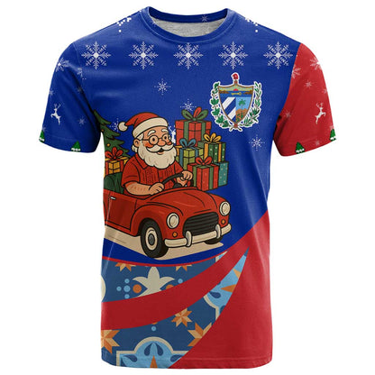 Cuba Christmas T-Shirt with Santa Driving Classic Car Cuban Seal Feliz Navidad and Holiday Gift Graphic Tee