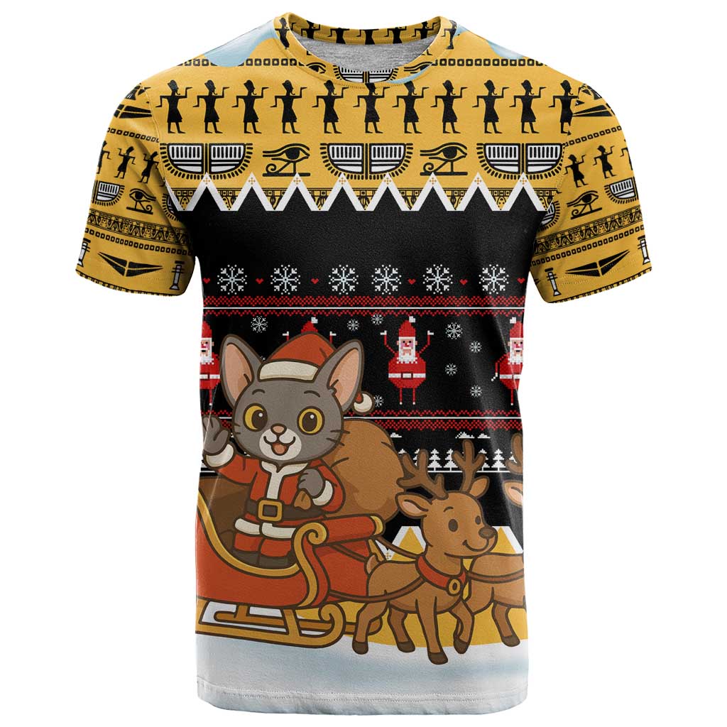 Egypt Christmas T-Shirt with Santa Cat Sleigh Reindeer Christmas Tree and Ancient Hieroglyphic Graphic Tee