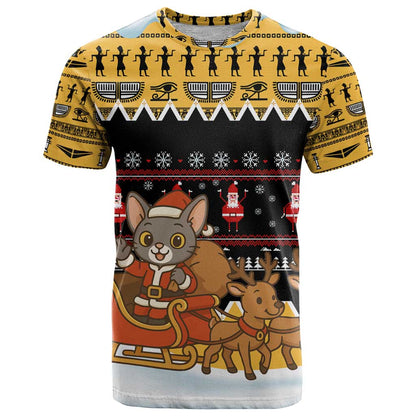 Egypt Christmas T-Shirt with Santa Cat Sleigh Reindeer Christmas Tree and Ancient Hieroglyphic Graphic Tee