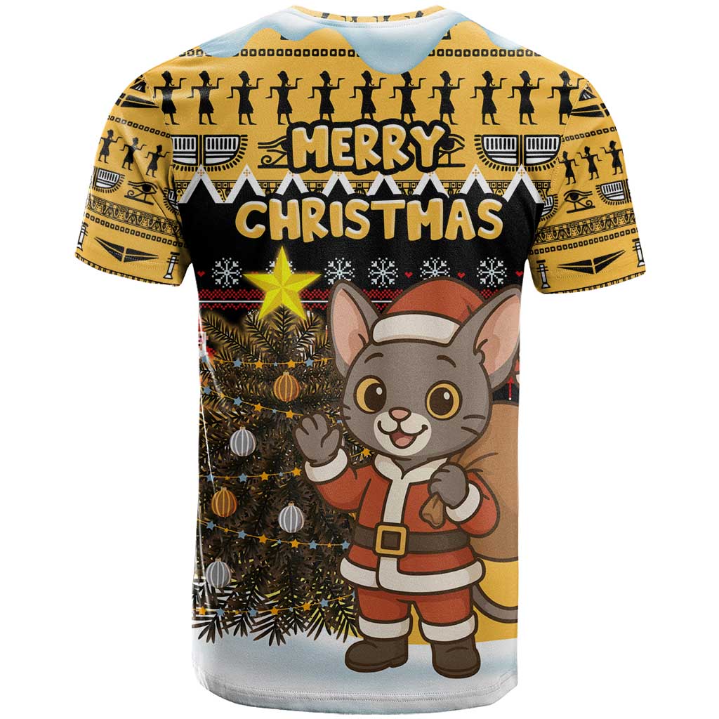 Egypt Christmas T-Shirt with Santa Cat Sleigh Reindeer Christmas Tree and Ancient Hieroglyphic Graphic Tee