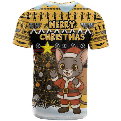 Egypt Christmas T-Shirt with Santa Cat Sleigh Reindeer Christmas Tree and Ancient Hieroglyphic Graphic Tee