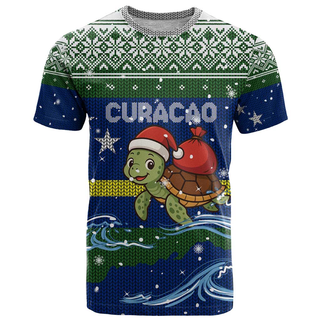 Curacao Christmas T-Shirt with Santa Turtle Ocean Waves Snowflakes and Holiday Gift Design Graphic Tee