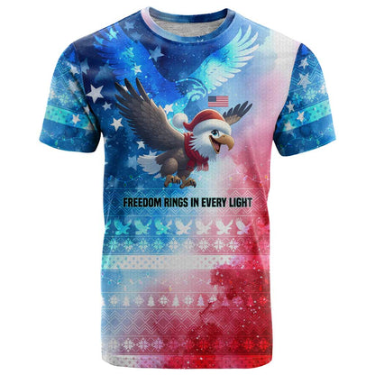 USA Christmas T-Shirt with Santa Eagle Red White Blue Snowflake Pattern and American Flag Graphic Tee