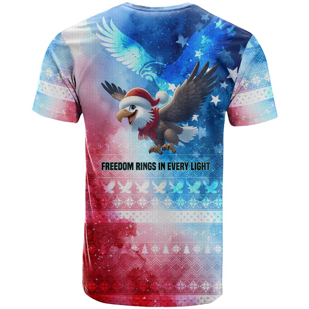 USA Christmas T-Shirt with Santa Eagle Red White Blue Snowflake Pattern and American Flag Graphic Tee