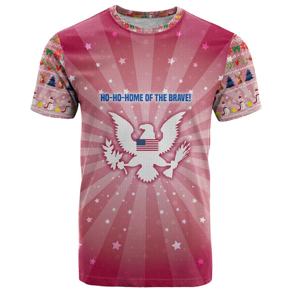 USA Christmas T-Shirt with Bald Eagle Seal Pink Starburst Pattern and Festive Holiday Icons Graphic Tee