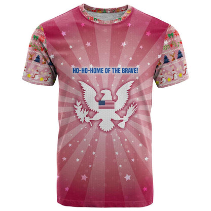 USA Christmas T-Shirt with Bald Eagle Seal Pink Starburst Pattern and Festive Holiday Icons Graphic Tee