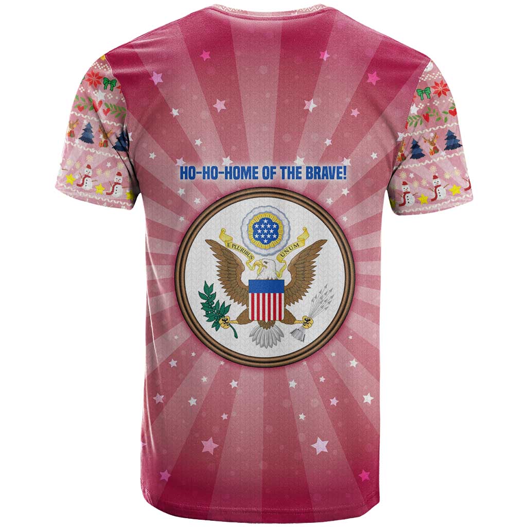 USA Christmas T-Shirt with Bald Eagle Seal Pink Starburst Pattern and Festive Holiday Icons Graphic Tee