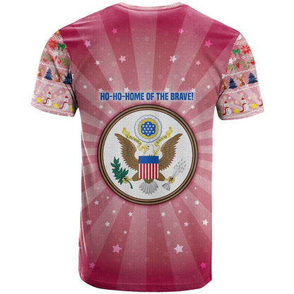 USA Christmas T-Shirt with Bald Eagle Seal Pink Starburst Pattern and Festive Holiday Icons Graphic Tee