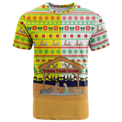 Vatican Christmas T-Shirt with Bethlehem Silhouette Yellow Red Green Pattern and Baby Jesus Manger Graphic Tee