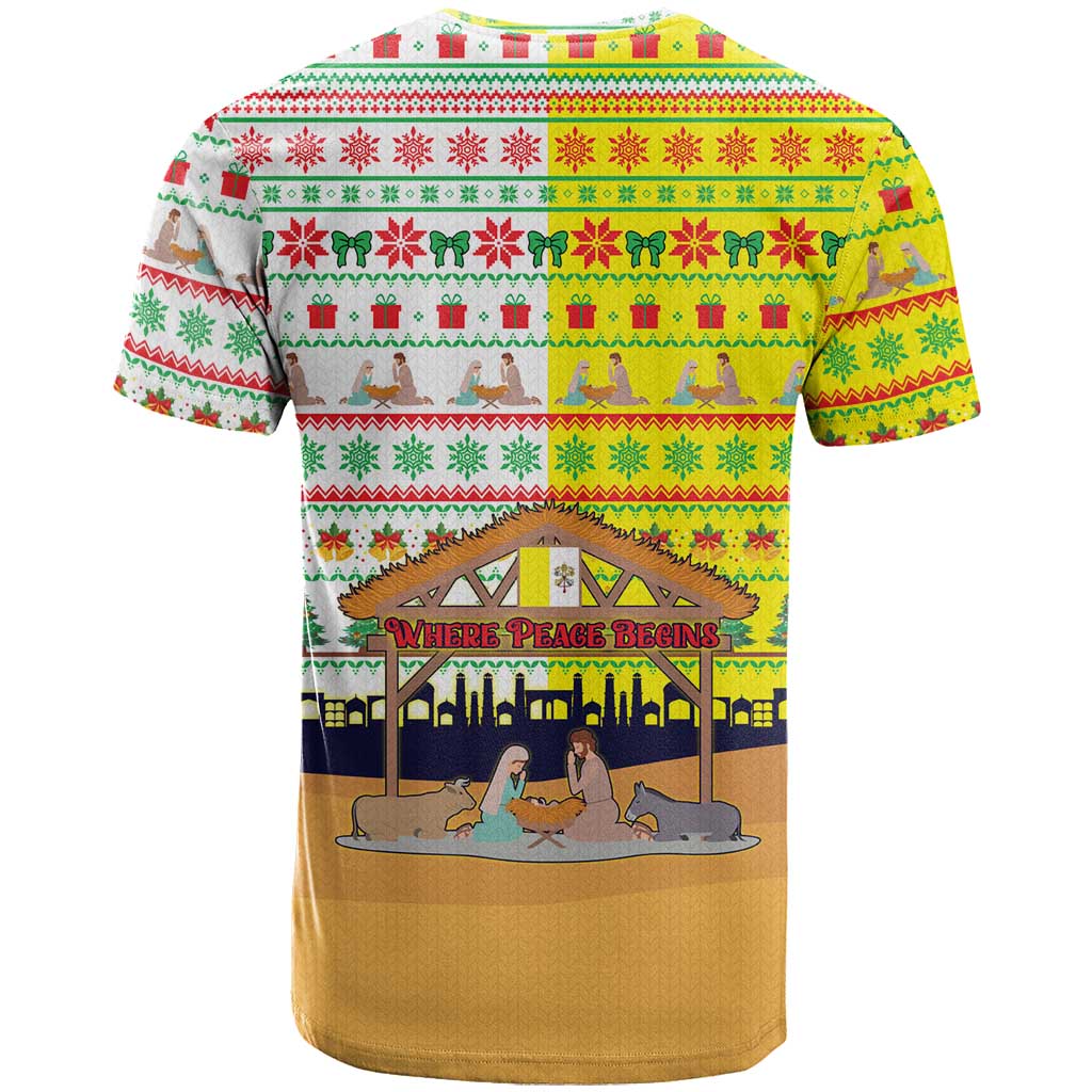 Vatican Christmas T-Shirt with Bethlehem Silhouette Yellow Red Green Pattern and Baby Jesus Manger Graphic Tee