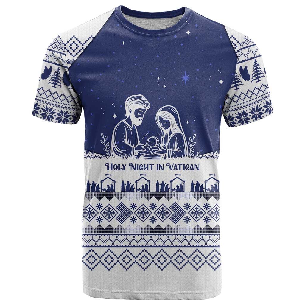 Vatican Christmas T-Shirt with Holy Family Nativity Scene Snowflake Pattern and Starry Night Graphic Tee