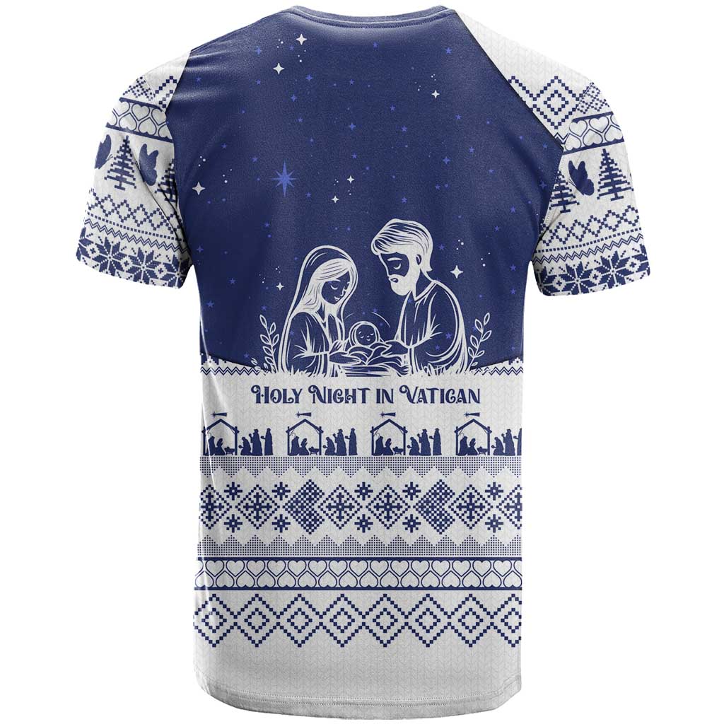 Vatican Christmas T-Shirt with Holy Family Nativity Scene Snowflake Pattern and Starry Night Graphic Tee