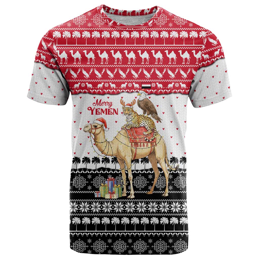 Yemen Christmas T-Shirt with Camel Leopard Falcon Red Black White Snowflake Graphic Tee