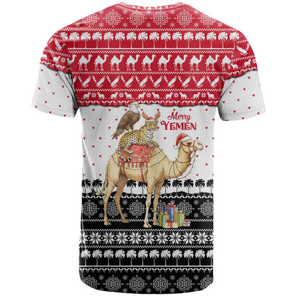 Yemen Christmas T-Shirt with Camel Leopard Falcon Red Black White Snowflake Graphic Tee