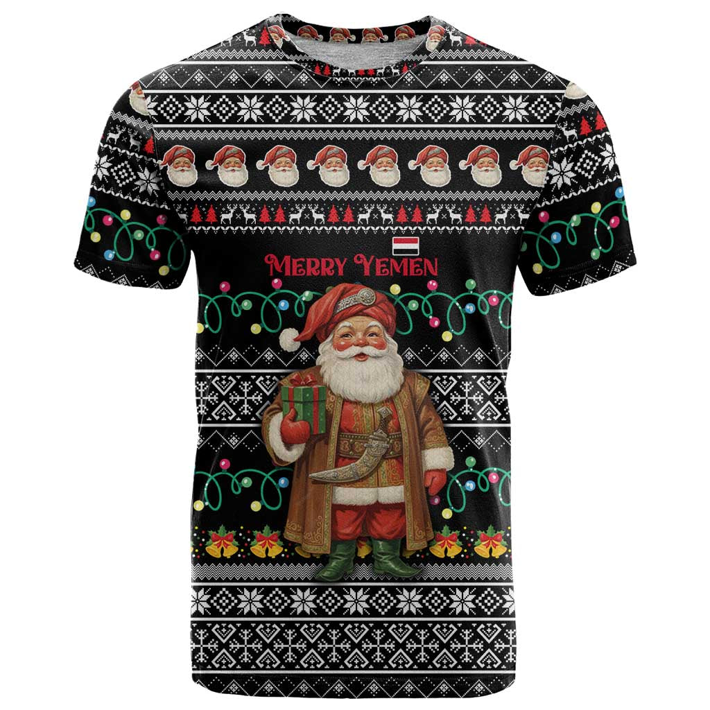 Yemen Christmas T-Shirt with Traditional Santa Black Snowflake Pattern and Festive Lights Graphic Tee