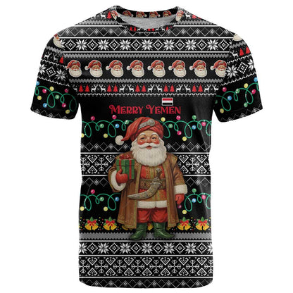 Yemen Christmas T-Shirt with Traditional Santa Black Snowflake Pattern and Festive Lights Graphic Tee