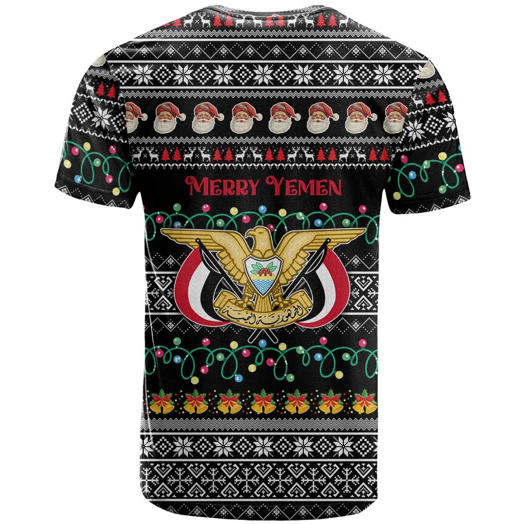 Yemen Christmas T-Shirt with Traditional Santa Black Snowflake Pattern and Festive Lights Graphic Tee