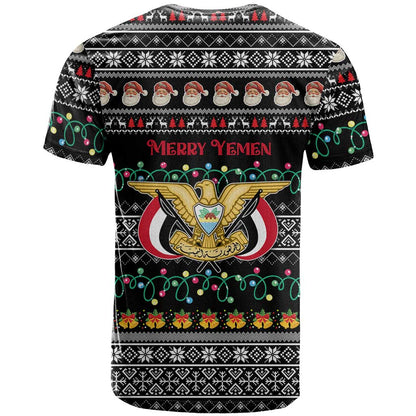 Yemen Christmas T-Shirt with Traditional Santa Black Snowflake Pattern and Festive Lights Graphic Tee