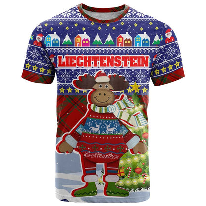 Liechtenstein Christmas T-Shirt with Reindeer Character Holiday Village and Plaid Sleeves Graphic Tee