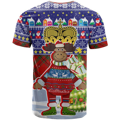Liechtenstein Christmas T-Shirt with Reindeer Character Holiday Village and Plaid Sleeves Graphic Tee