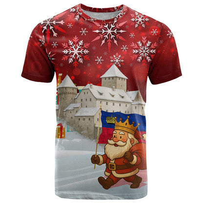 Liechtenstein Christmas T-Shirt with Santa Claus Castle Snowflakes and National Flag Graphic Tee