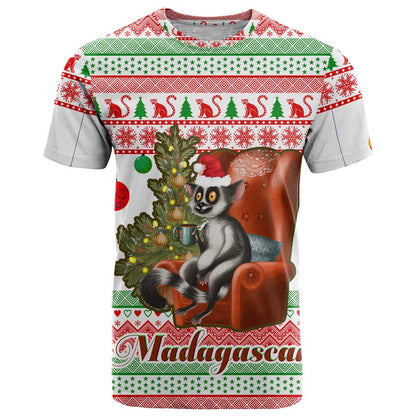 Madagascar Christmas T-Shirt with Lemur Santa Hat Holiday Tree and Festive Pattern Graphic Tee
