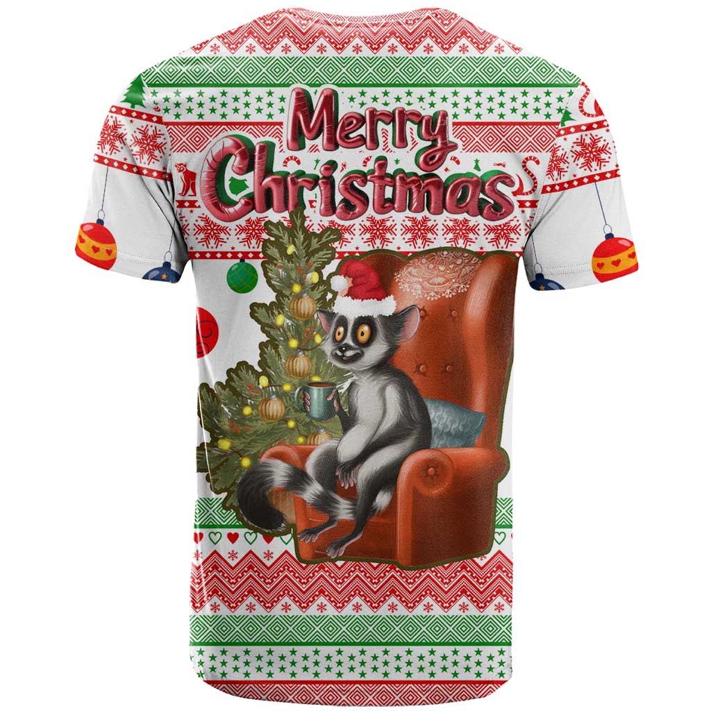 Madagascar Christmas T-Shirt with Lemur Santa Hat Holiday Tree and Festive Pattern Graphic Tee