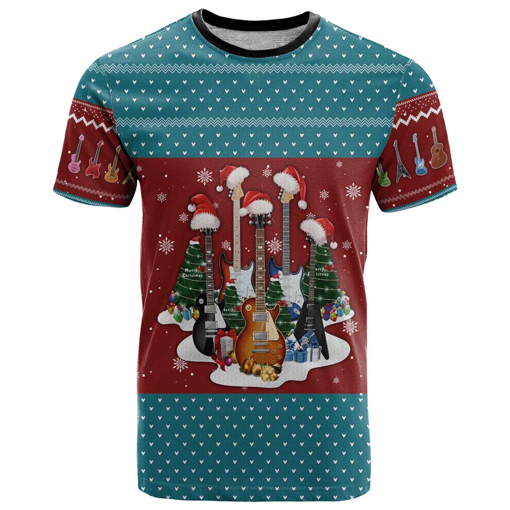 Christmas Guitar T-Shirt with Santa Hats Trees Snowflakes and Musical Pattern Graphic Tee