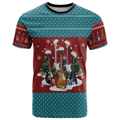 Christmas Guitar T-Shirt with Santa Hats Trees Snowflakes and Musical Pattern Graphic Tee