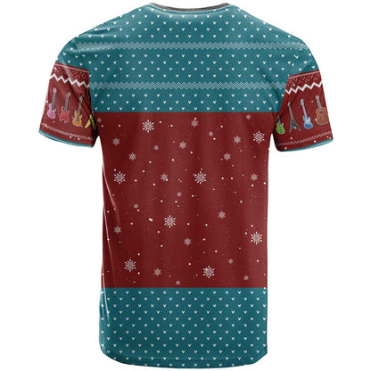 Christmas Guitar T-Shirt with Santa Hats Trees Snowflakes and Musical Pattern Graphic Tee