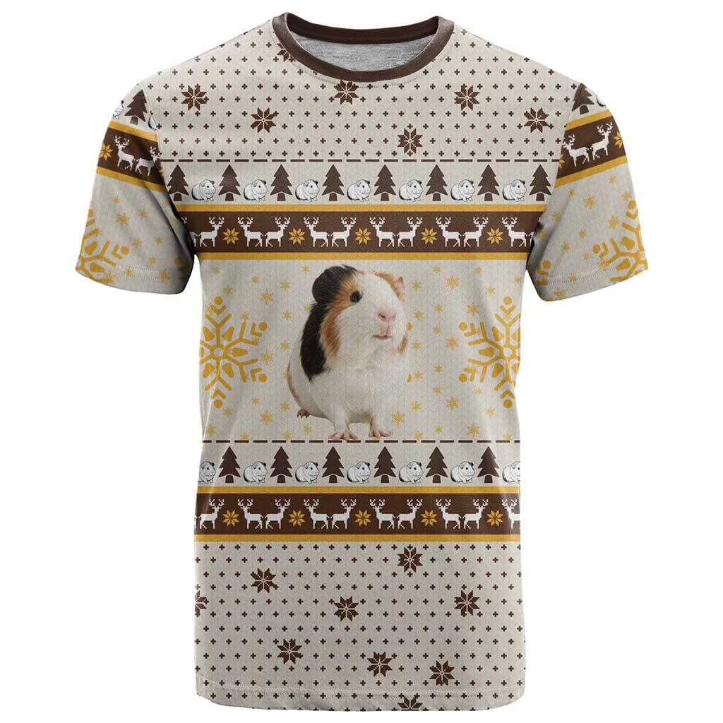 Guinea Pig Christmas T-Shirt with Snowflakes Trees and Reindeer Pattern Graphic Tee