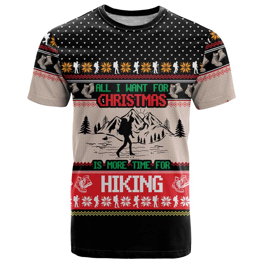 Hiking Christmas T-Shirt with Mountains Trees and Winter Holiday Pattern Graphic Tee