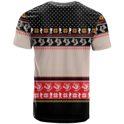 Hiking Christmas T-Shirt with Mountains Trees and Winter Holiday Pattern Graphic Tee