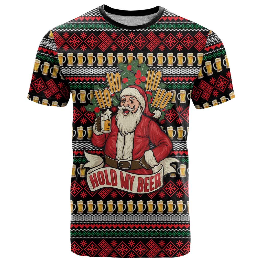 Santa Hold My Beer Christmas T-Shirt with Beer Mugs and Holiday Pattern Graphic Tee