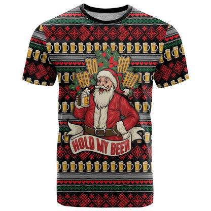 Santa Hold My Beer Christmas T-Shirt with Beer Mugs and Holiday Pattern Graphic Tee