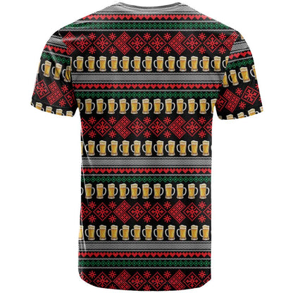 Santa Hold My Beer Christmas T-Shirt with Beer Mugs and Holiday Pattern Graphic Tee